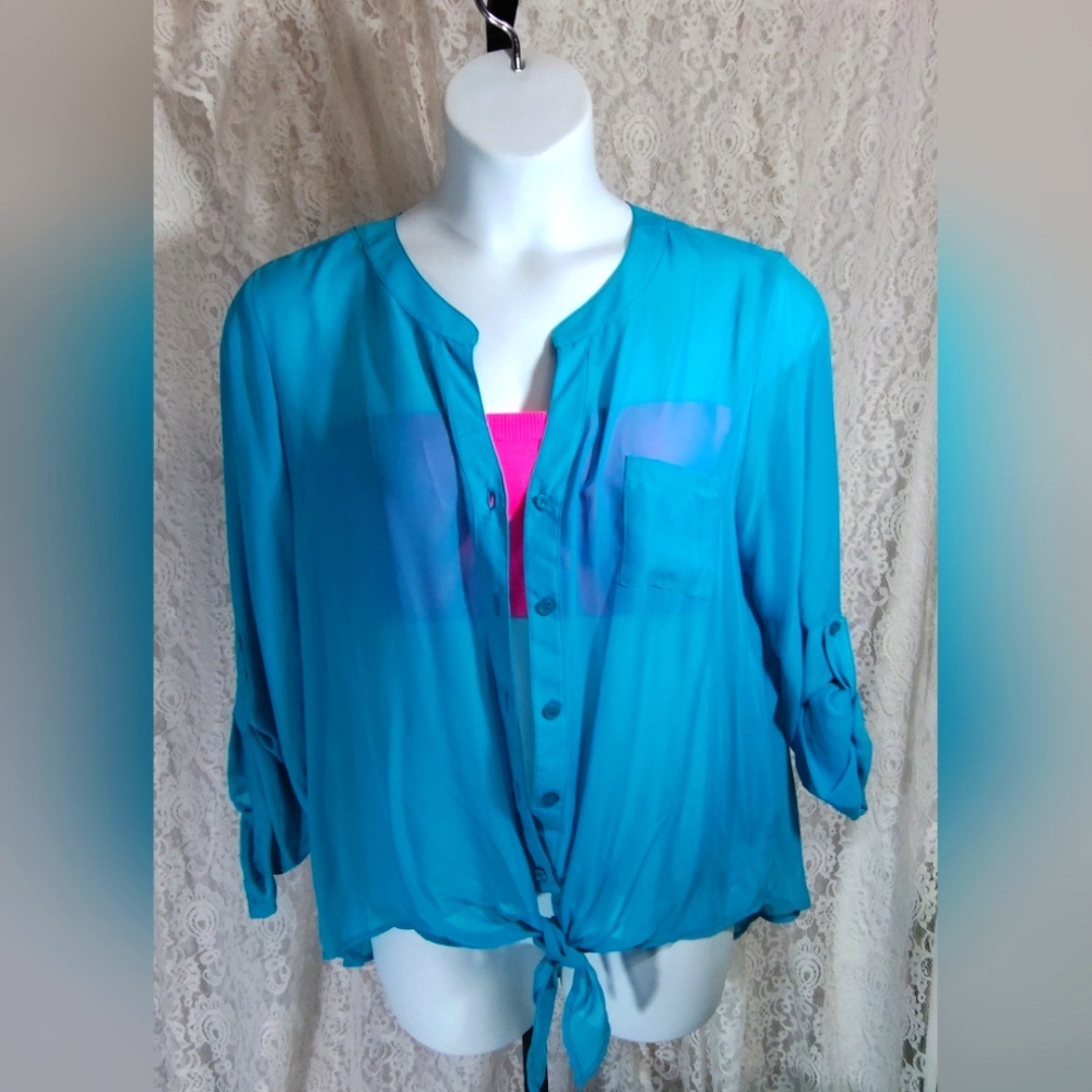 Sexy 2 For 1 Women's Blue Button-Up Blouse With Neon Pink Bandeau